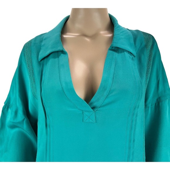 Soft Surroundings Capistrano Pintuck Teal Tunic Top Lace Inset Hi Lo Hem MEDIUM - Picture 3 of 12